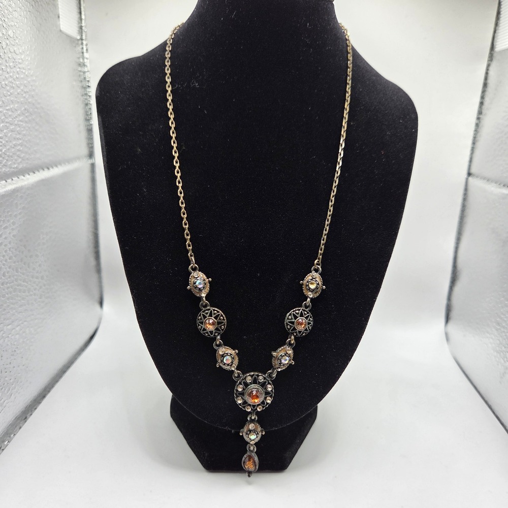 Vintage Nina Ricci for Avon Amber Rhinestone Y Drop Necklace Brass Tone 18"